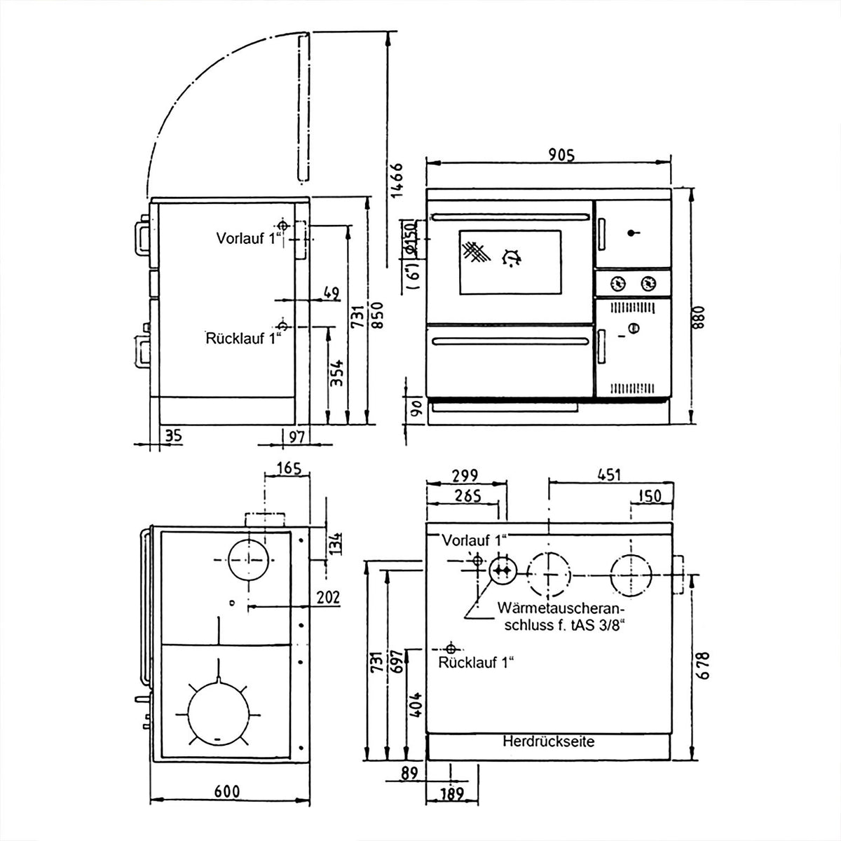 Poêle de cuisine à eau Wamsler K 148 CL noir et or, sortie fumée à gauche, 23 kW