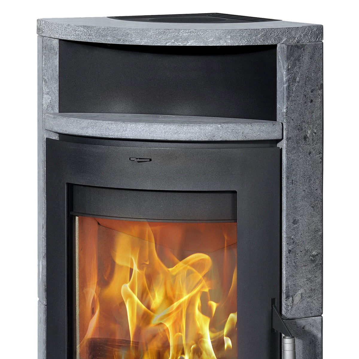 Poêle à bois d’angle Cheminée Samba acier noir et pierre ollaire 6,1 kW