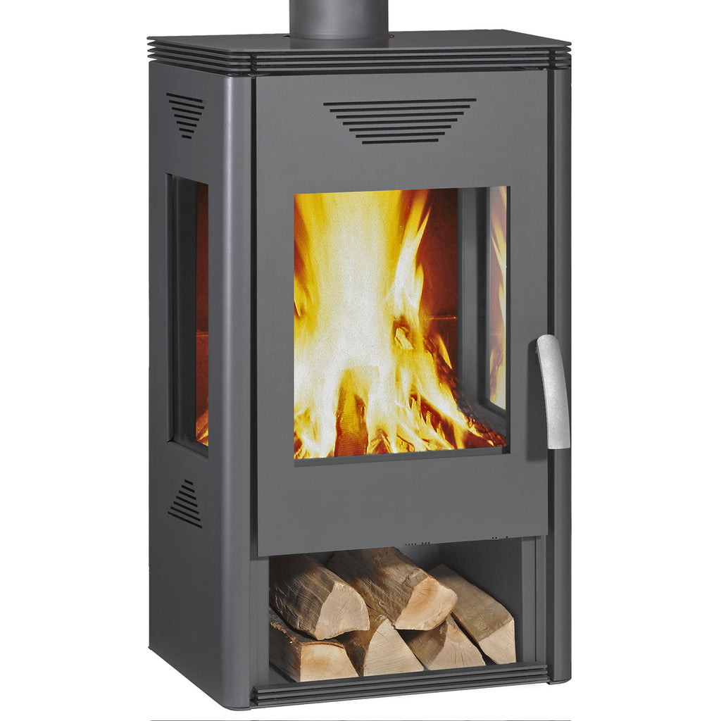 Wamsler Trion H – Poêle à bois acier gris avec rangement à bûches, 8 kW
