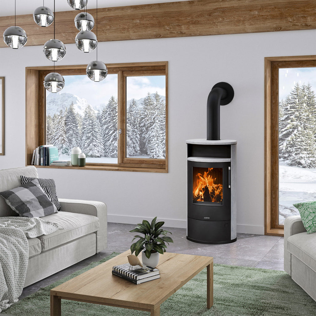 Justus Island 7 2.0 – Poêle à bois acier noir et pierre ollaire 7 kW