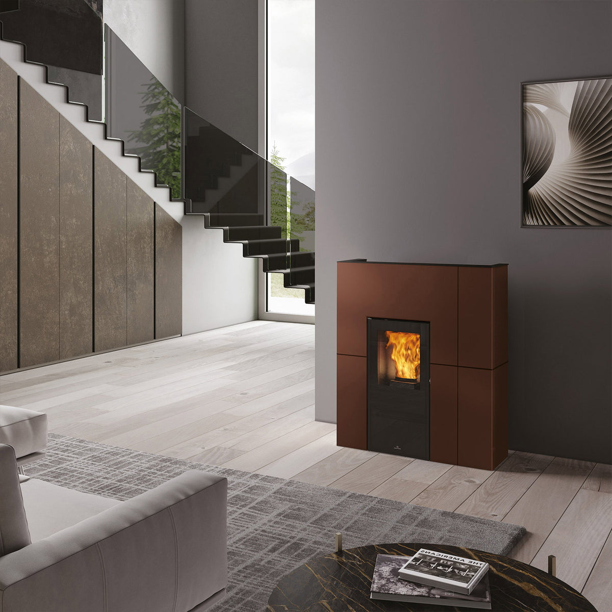 Edilkamin Blade H 15 Evo acier bronze installé dans un salon