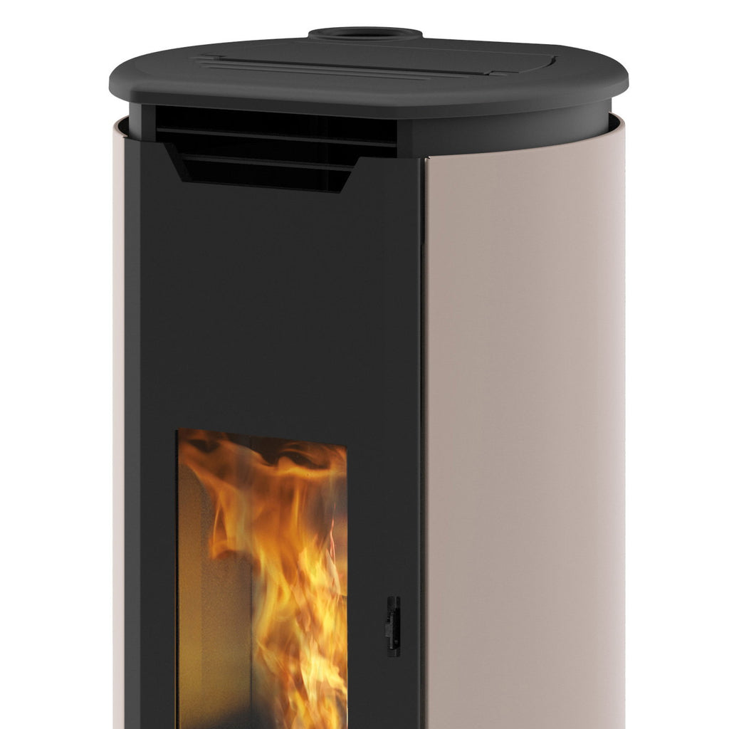 Poêle à granulés Edilkamin EK63 Tweed 90+ Evo gris tourterelle sortie fumées dessus 9,2 kW