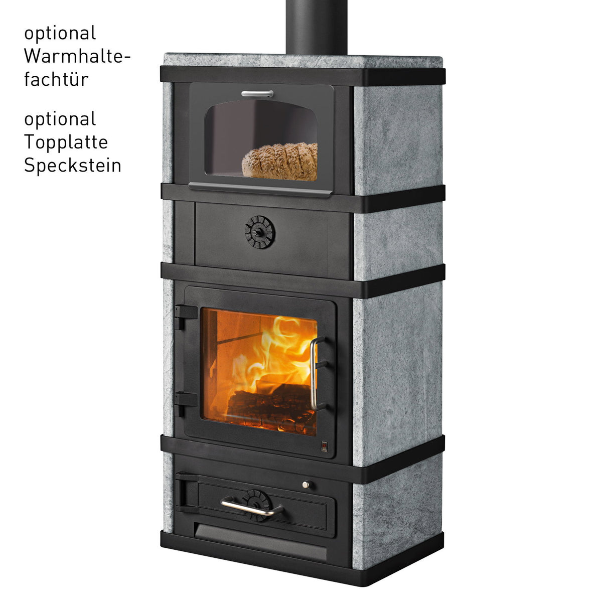 Lotus 2080 – Poêle à bois noir 8 kW avec compartiment de maintien au chaud