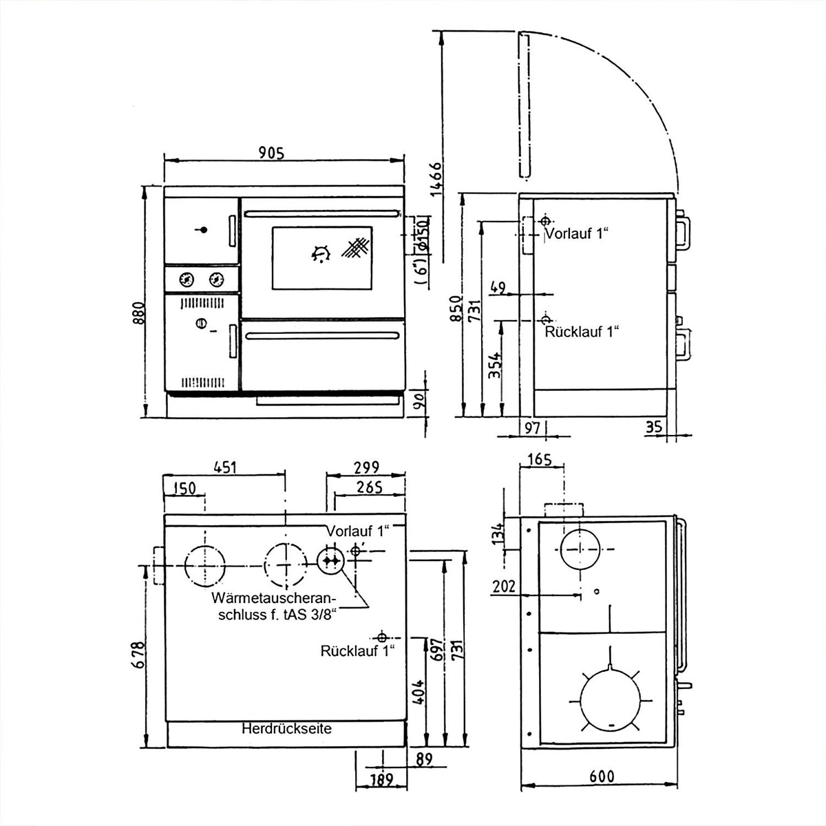 Poêle de cuisine à eau Wamsler K 148 CL noir et chrome, sortie fumée à droite, 23 kW