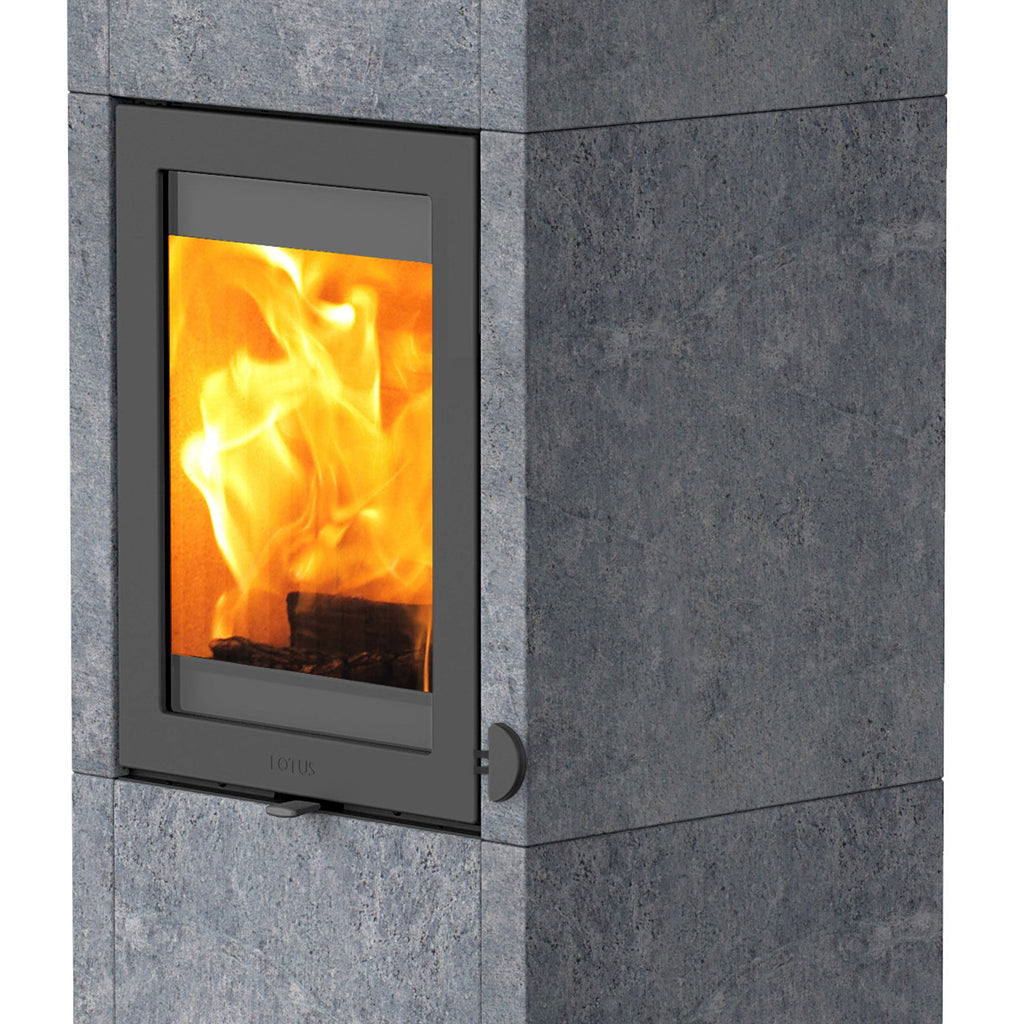 Lotus QM40 – Poêle à bois gris avec pierre ollaire PowerStones, sortie dessus
