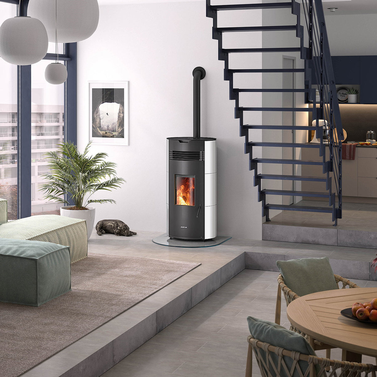 Poêle à granulés Justus Norta acier noir et blanc soie 8 kW