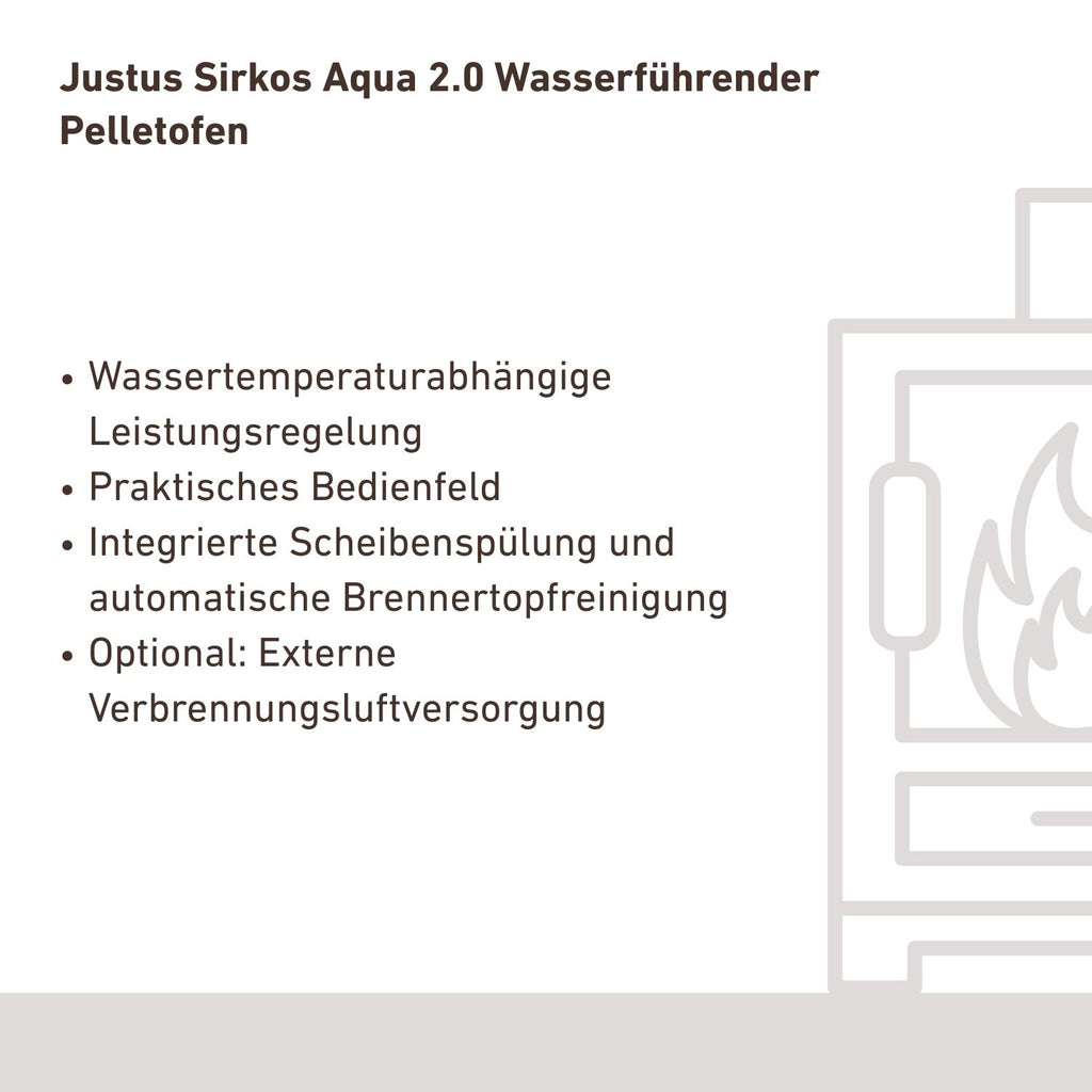 Caractéristiques du poêle à granulés bouilleur Justus Sirkos Aqua 2.0