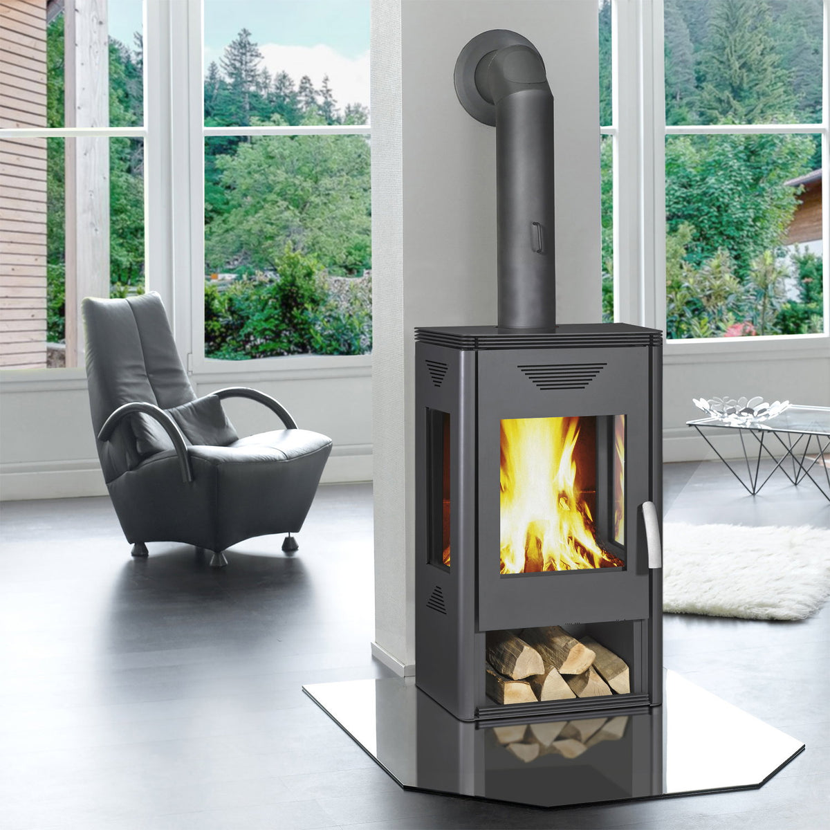 Wamsler Trion H – Poêle à bois acier gris avec rangement à bûches, 8 kW
