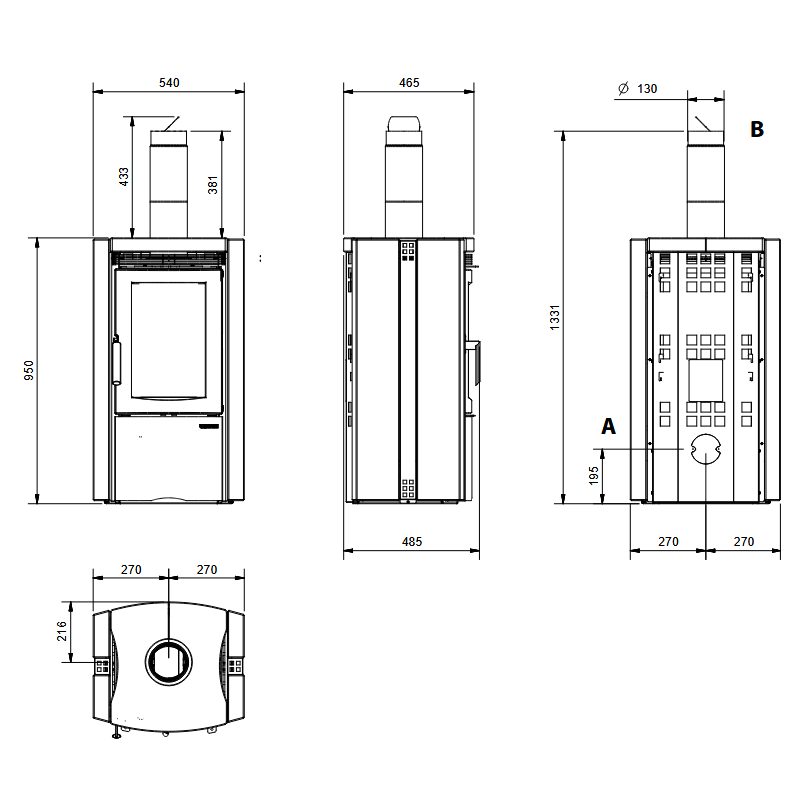 Schéma dimensionnel du poêle La Nordica Ester 5.0