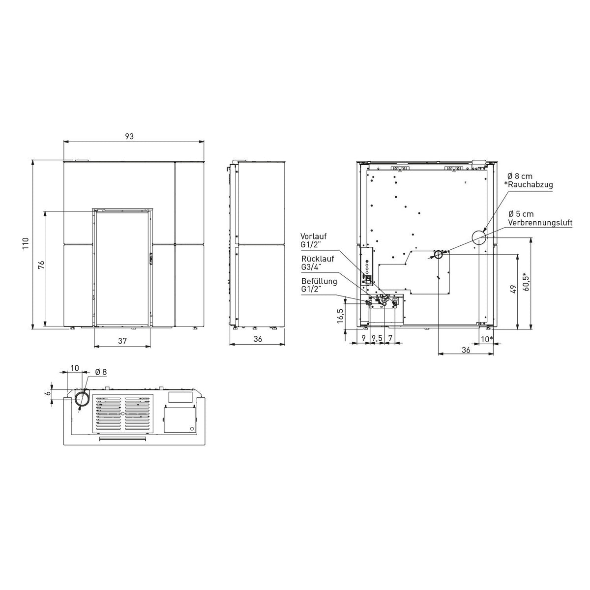 Plan technique et dimensions du poêle Edilkamin Blade H 15 Evo blanc mat