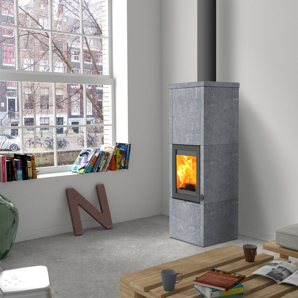 Lotus QM40 – Poêle à bois gris avec pierre ollaire PowerStones, sortie dessus