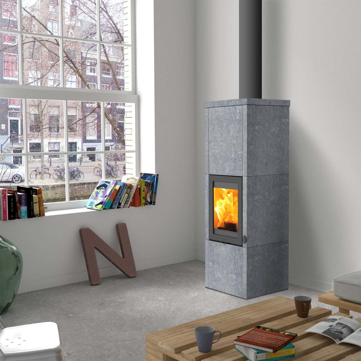 Lotus QM40 – Poêle à bois gris avec pierre ollaire PowerStones, sortie dessus