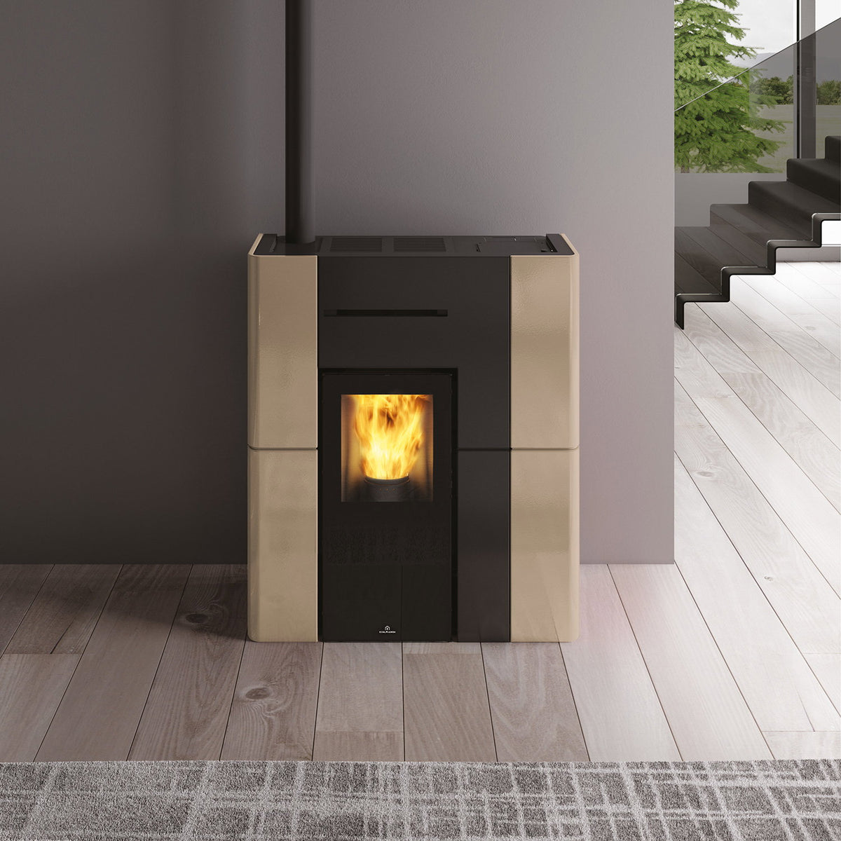 Edilkamin Blade H 15 Evo céramique beige installé dans un salon contemporain