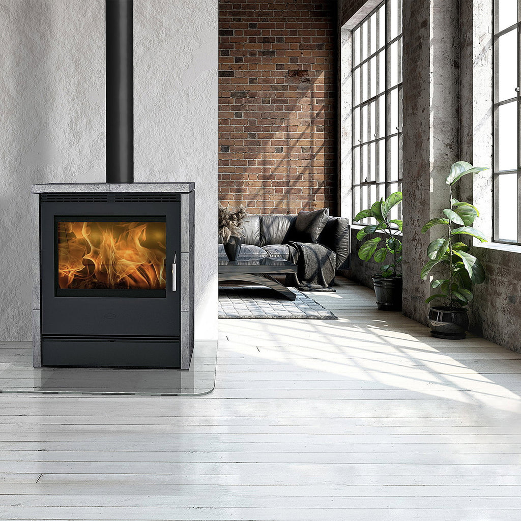 Poêle à bois Rönky R2541 10 kW acier gris, fonte et pierre ollaire