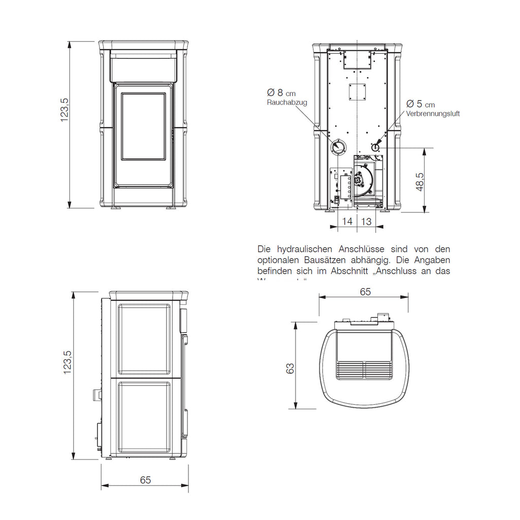 Plan technique et dimensions du poêle Edilkamin Kira2 H 22 Up