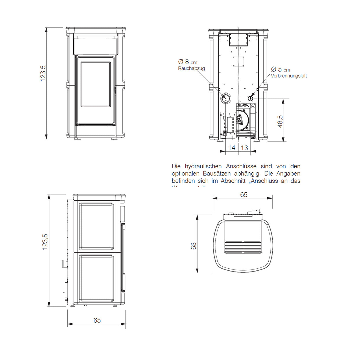 Plan technique et dimensions du poêle Edilkamin Kira2 H 22 Up