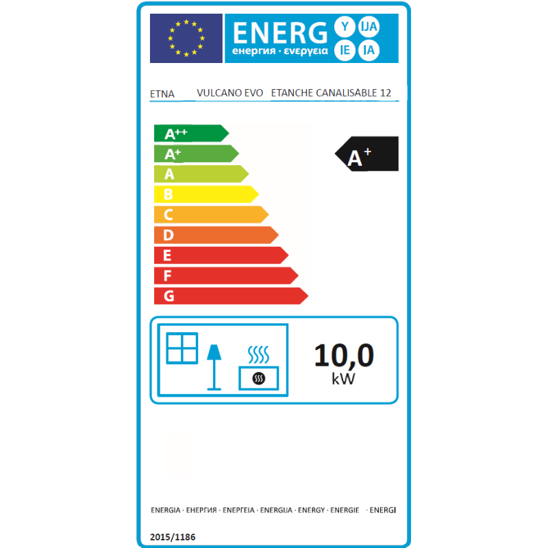 Étiquette énergétique A+ du poêle ETNA Vulcano EVO 12 kW