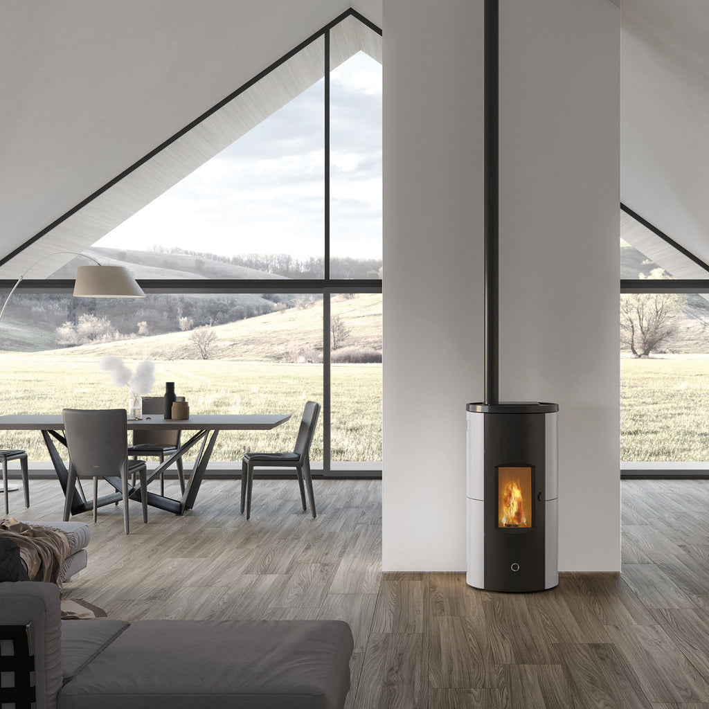Poêle à granulés Edilkamin EK63 Like 90+ Evo céramique blanche 9,2 kW sortie dessus
