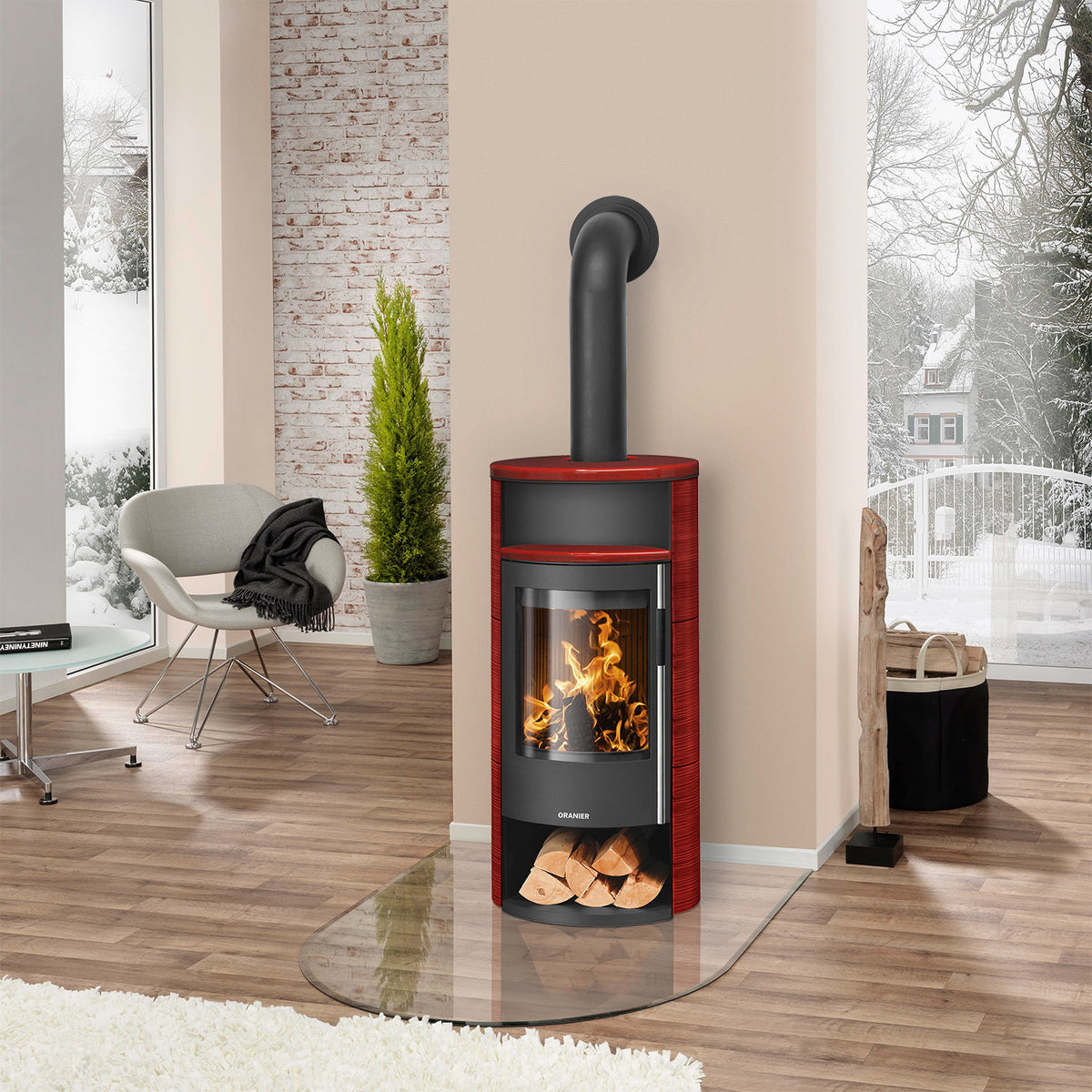 Oranier Polar Neo 6 – Poêle à bois acier noir et céramique rouge paprika 6,5 kW DIBt