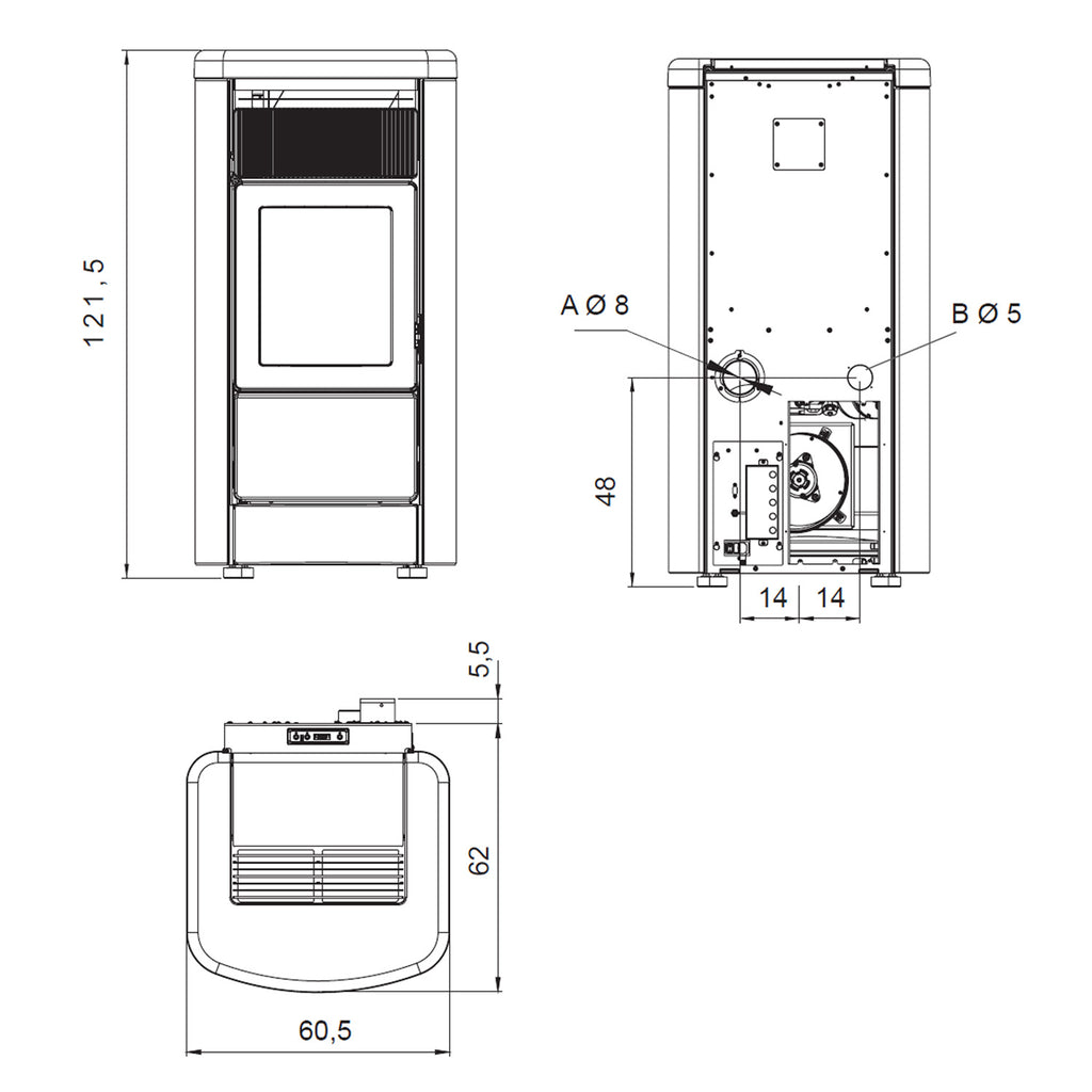 Plan technique et dimensions du poêle Edilkamin EK63 Monday H 230 Evo