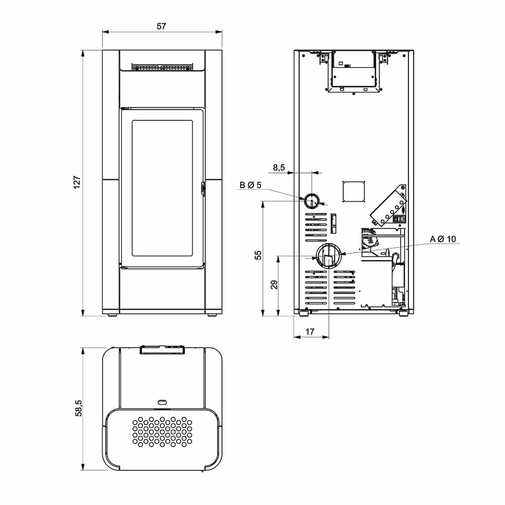 Plan technique et dimensions du poêle Edilkamin Tera H 25 Evo céramique blanche