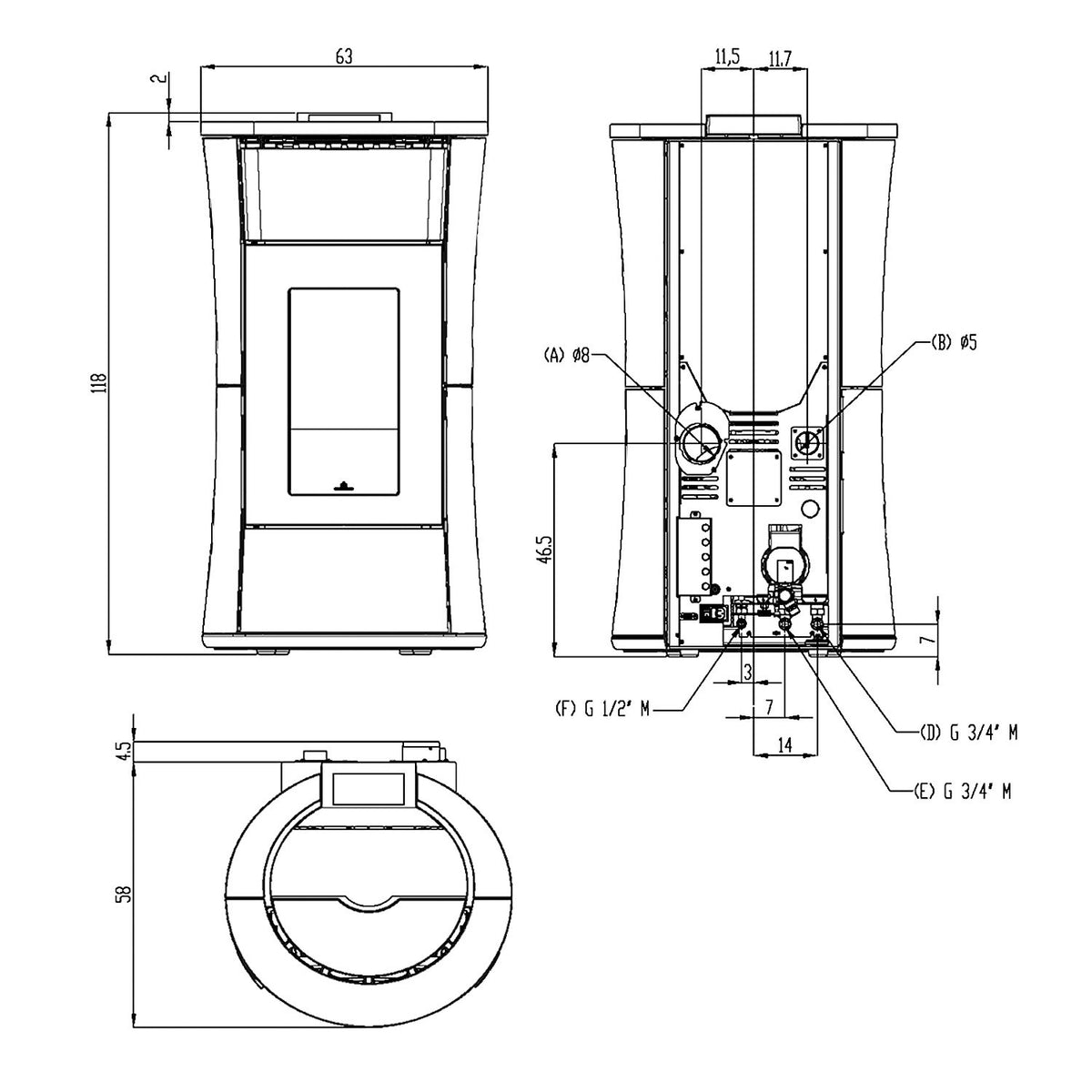 Schéma dimensionnel du poêle Edilkamin Cherie H 10 Evo
