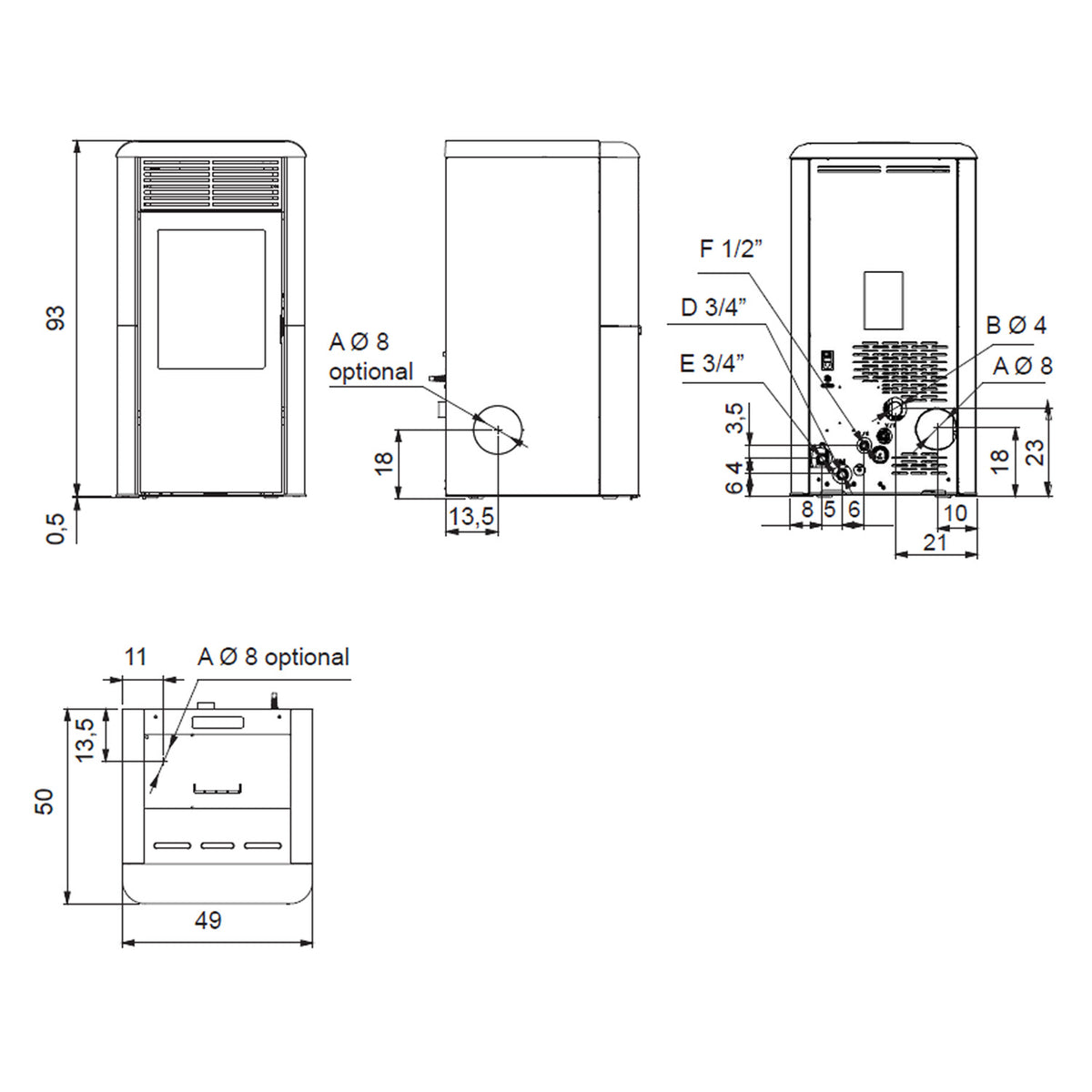 Plan technique et dimensions du poêle Edilkamin EK63 Spot 100 H Evo