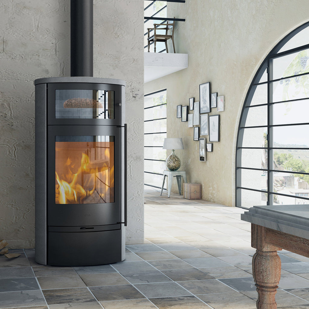 Lotus Jubilee 35S – Poêle à bois noir avec pierre ollaire et compartiment de maintien au chaud, 7 kW