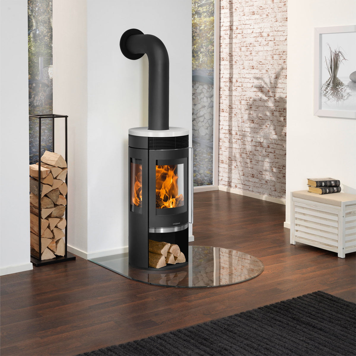 Oranier Rota TRE 2.0 – Poêle à bois acier noir avec plaque céramique blanc soie, 6 kW