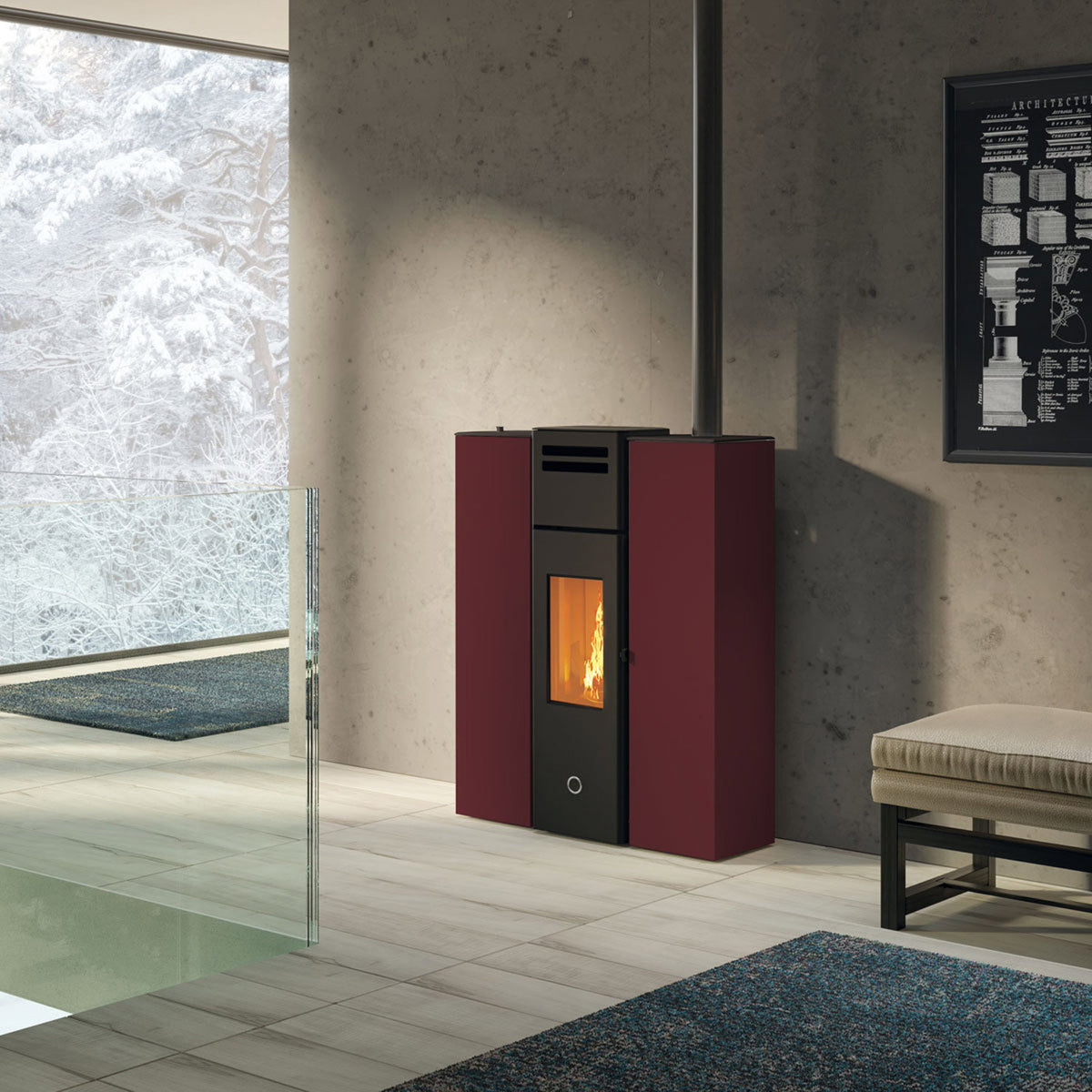 Poêle à granulés Edilkamin EK63 Cell 80+ Evo acier bordeaux 7,7 kW