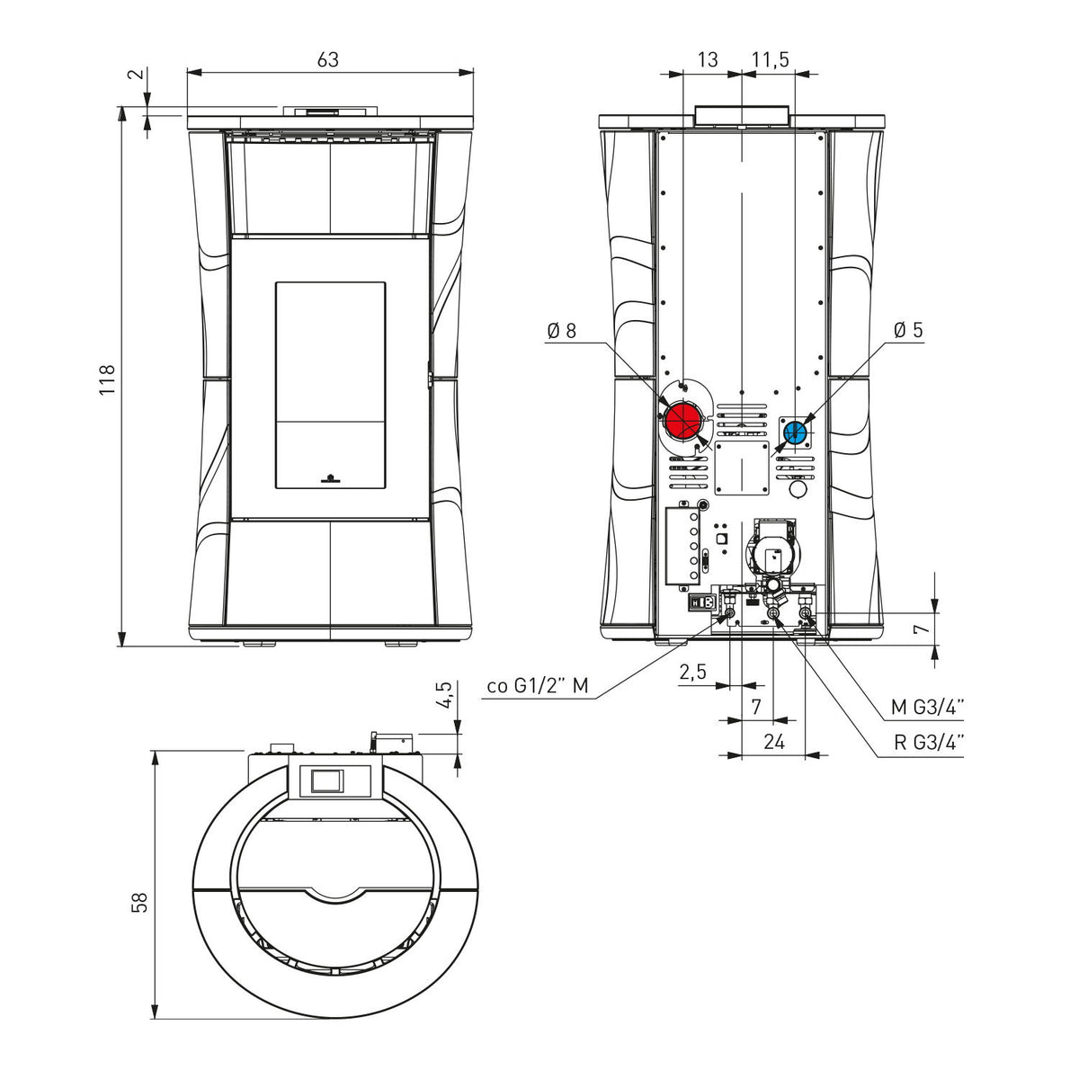 Plan technique et dimensions du poêle Edilkamin Cherie H 14 Evo