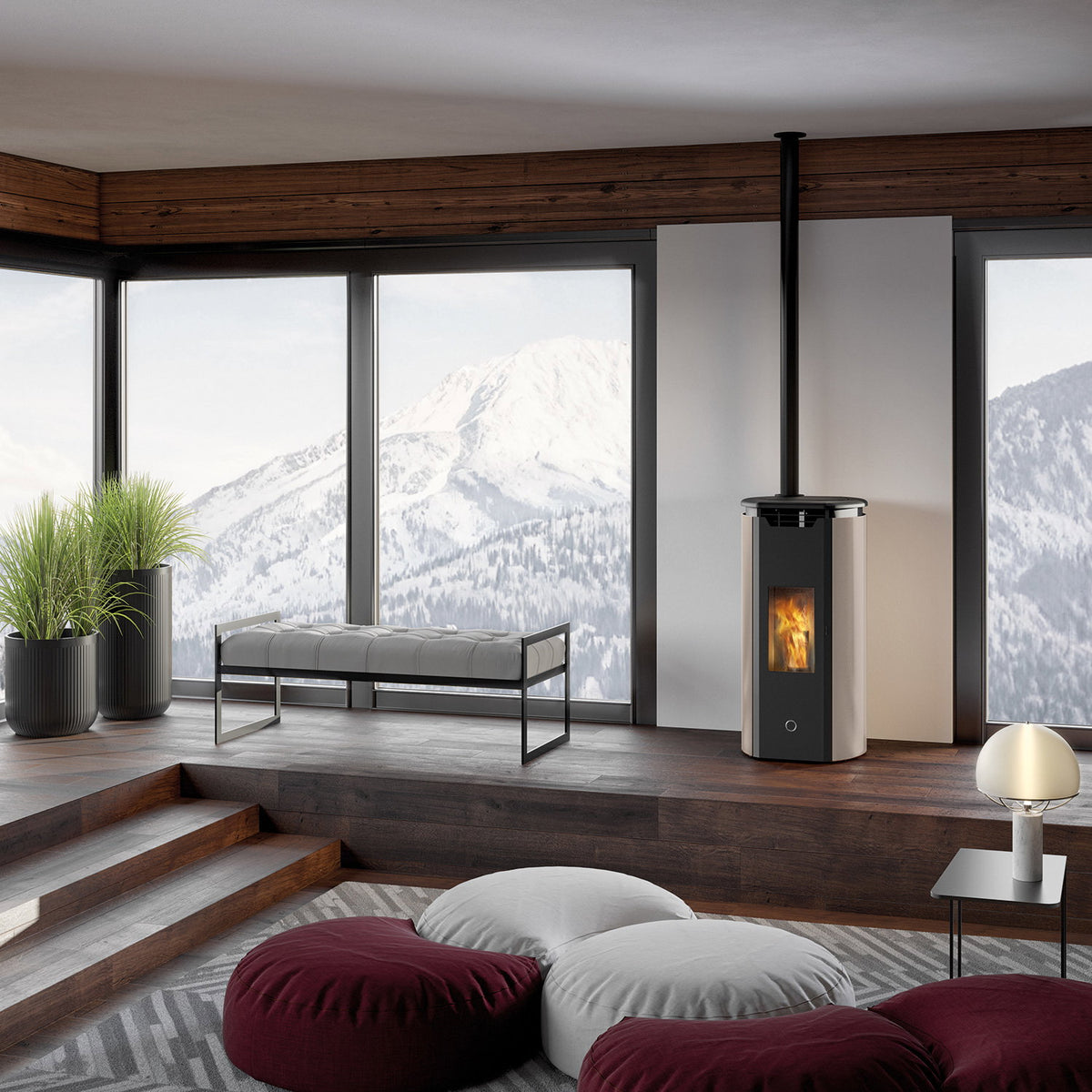 Poêle à granulés Edilkamin EK63 Tweed 90+ Evo gris tourterelle sortie fumées dessus 9,2 kW