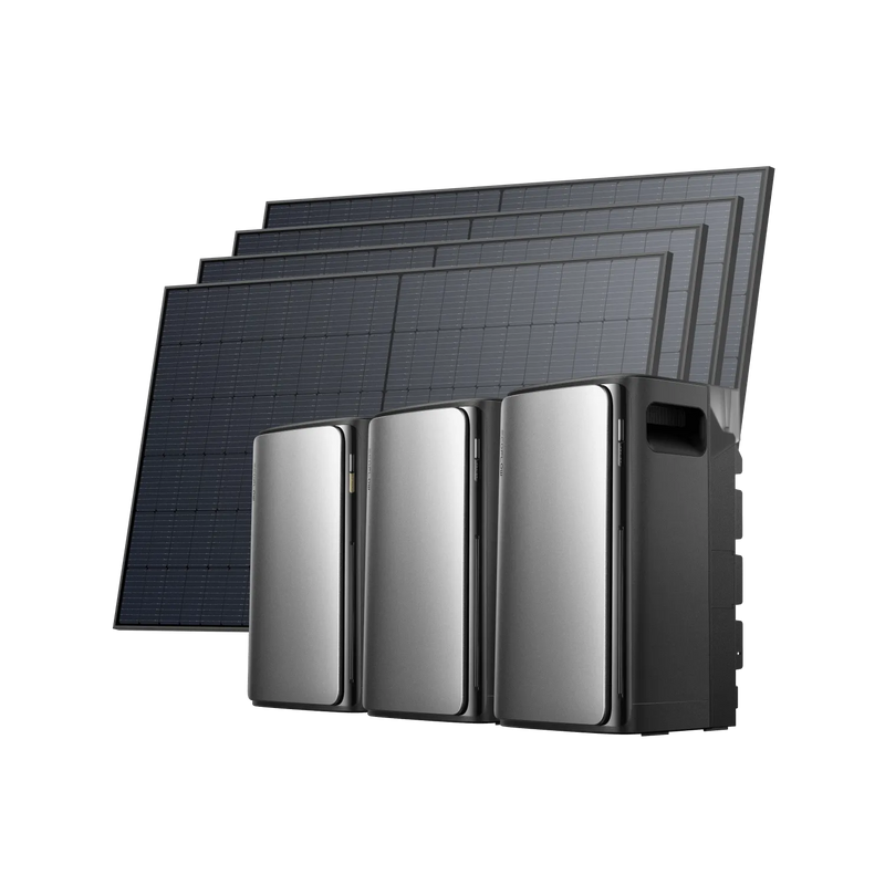 EcoFlow STREAM Ultra avec deux batteries STREAM AC Pro et quatre panneaux solaires rigides de 450 W
