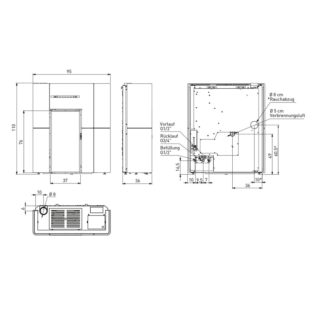 Plan technique et dimensions du poêle Edilkamin Blade H 15 Evo