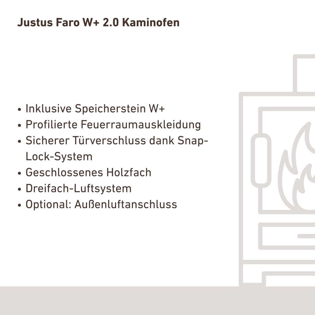 Poêle à bois Justus Faro W+ 2.0 acier noir avec plaque en stéatite 7 kW