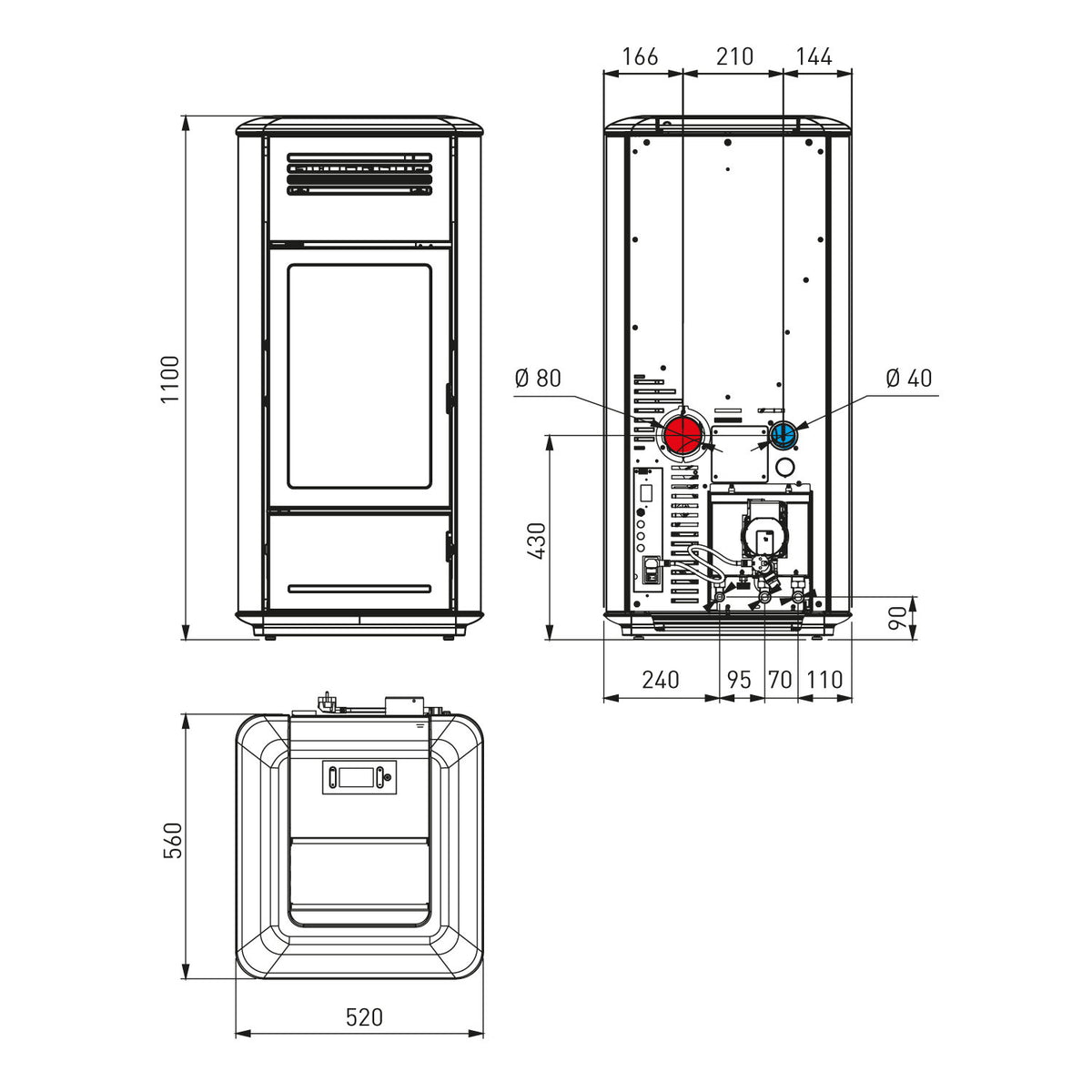 Plan technique et dimensions du poêle Edilkamin Milla H 12 Evo