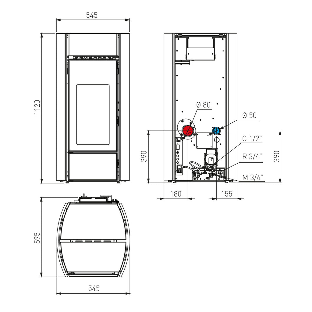Plan technique et dimensions du poêle Edilkamin Myrna H15 Evo
