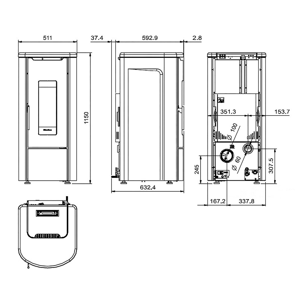 Plan technique et dimensions du poêle Extraflame Rosanna Idro
