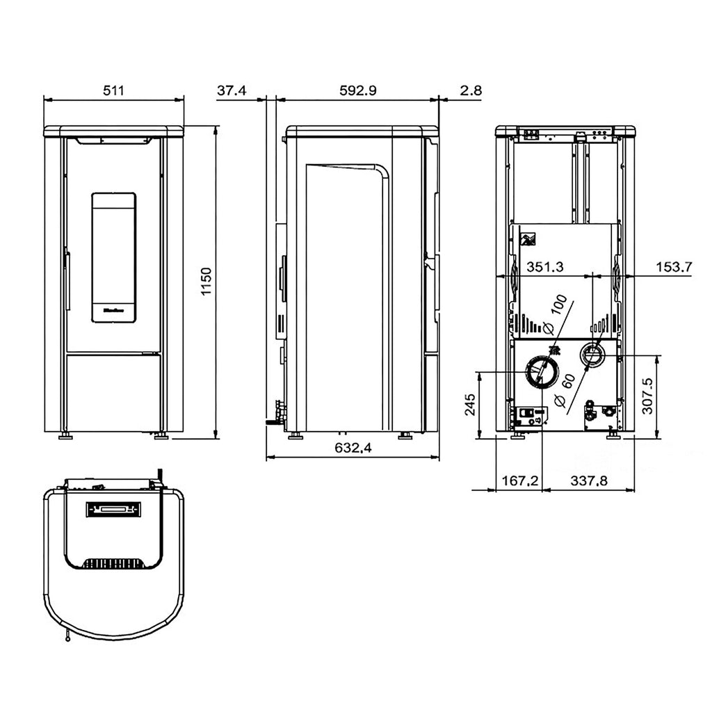 Plan technique et dimensions du poêle Extraflame Rosanna Idro