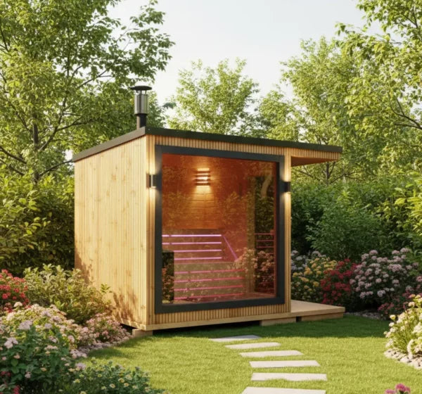 Sauna extérieure avec douche Luxi – Sauna de jardin premium 330 × 230 cm