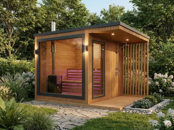 Sauna extérieure avec douche Luxi – Sauna de jardin premium 330 × 230 cm