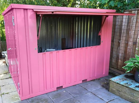Container bar pliable rose vintage RAL 3014 – 3 × 2 m, ouverture à auvent et structure autoportante