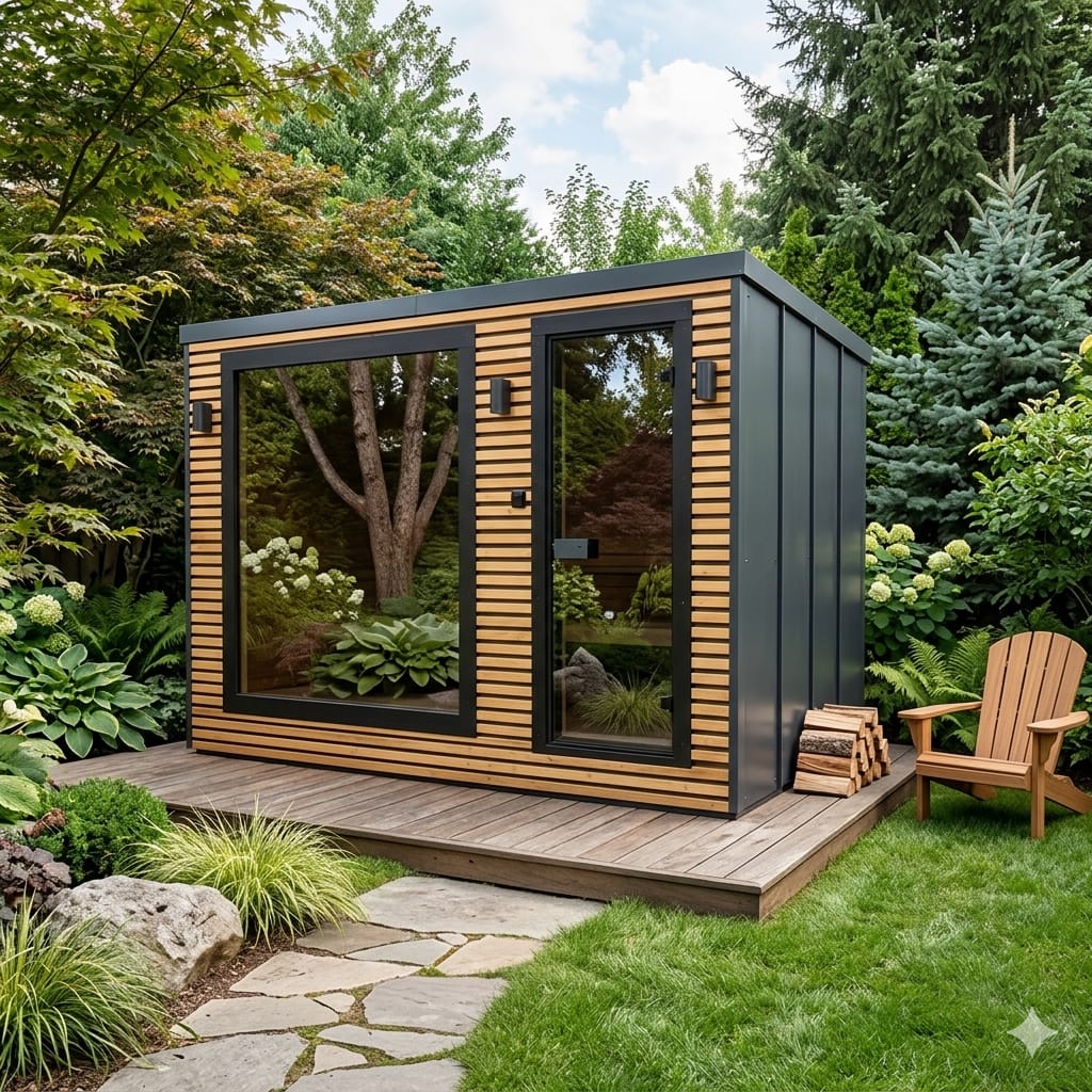 Sauna extérieur TOROS – Avec vestibule, isolation renforcée et poêle Harvia 9 kW
