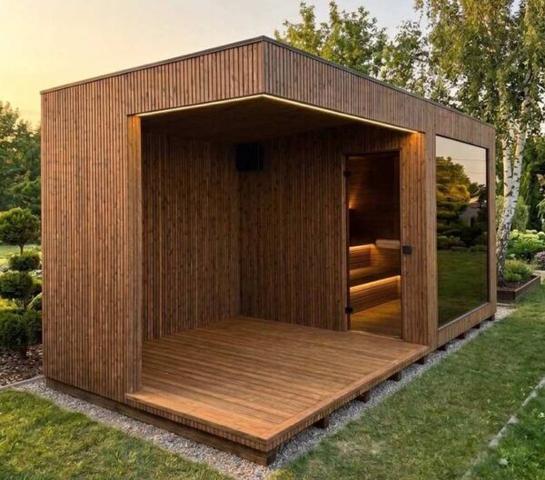 Sauna extérieur TAVOS avec terrasse – 240 × 360 cm