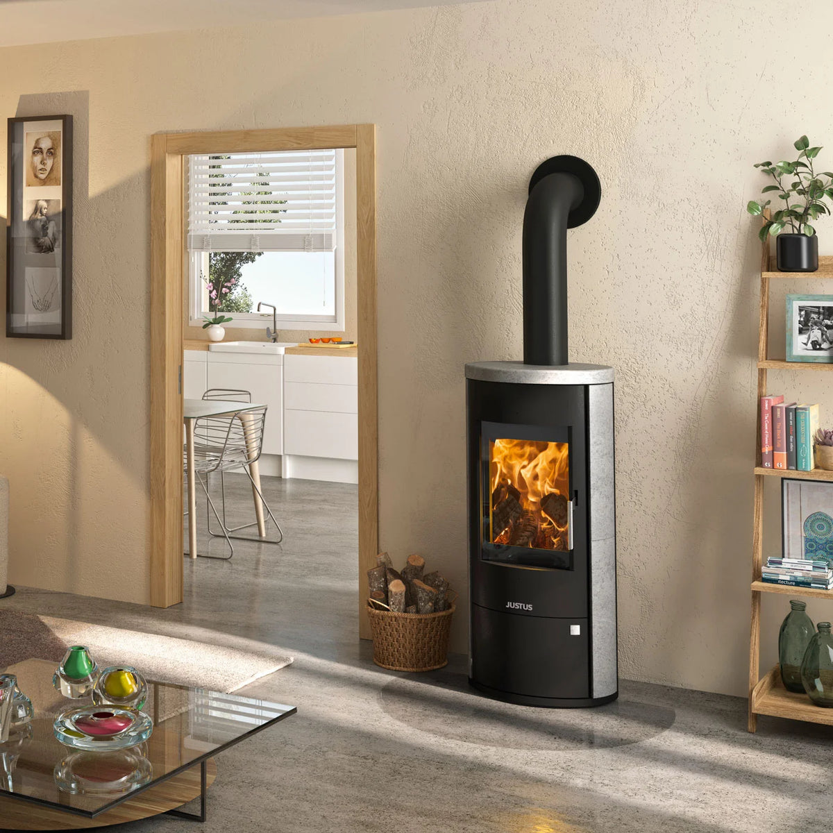 Justus Austin 7 – Poêle à bois acier noir et pierre calcaire crème 7 kW