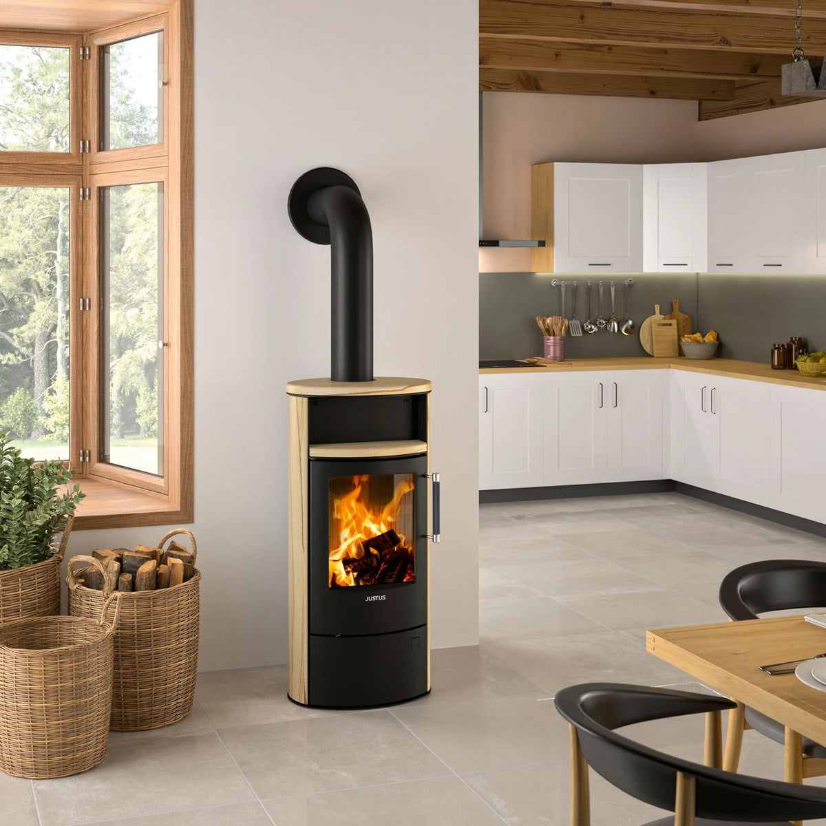 Justus Island 5 2.0 – Poêle à bois acier noir et céramique Grappa 5 kW