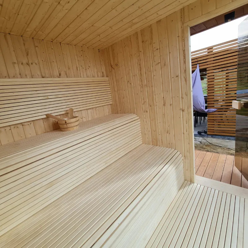 Sauna extérieur Tobus 475 cm – avec vestiaire et baie panoramique
