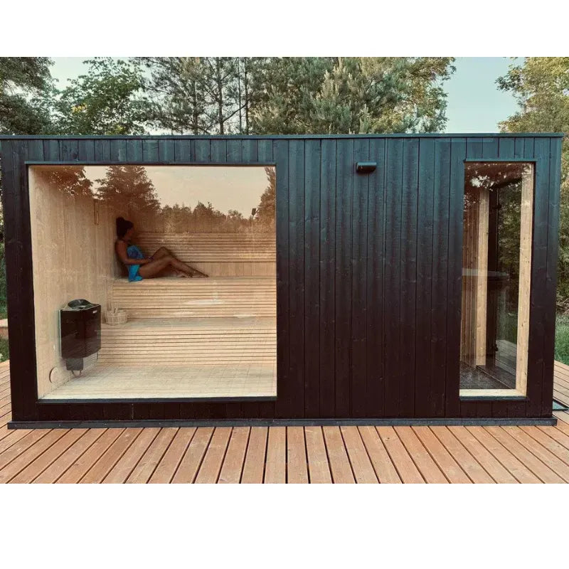 Sauna extérieur Tobus 475 cm – avec vestiaire et baie panoramique