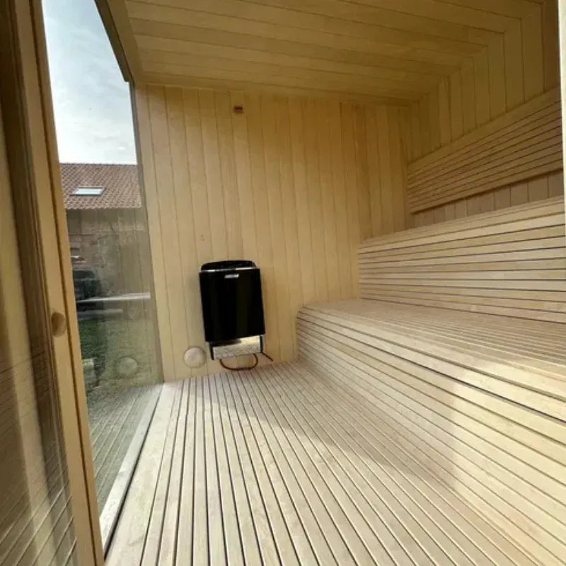 Sauna extérieur Tobus 475 cm – avec vestiaire et baie panoramique