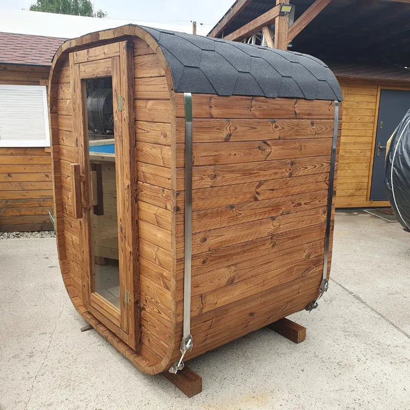 Sauna tonneau Korax Thermo 1,6 m – Thermobois premium avec poêle électrique 4,5 kW